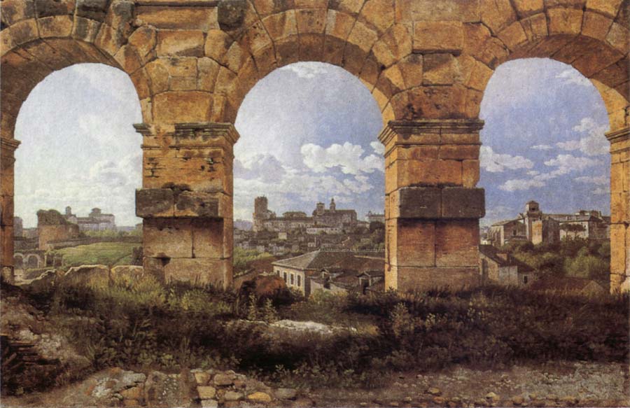 Christoffer Wilhelm Eckersberg View through three northwest arches of the Colossum in Rome,Storm gathering over the city
